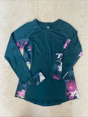 FILA Sport Teal Long-Sleeve Athletic Top with Pink Floral Mesh Panels